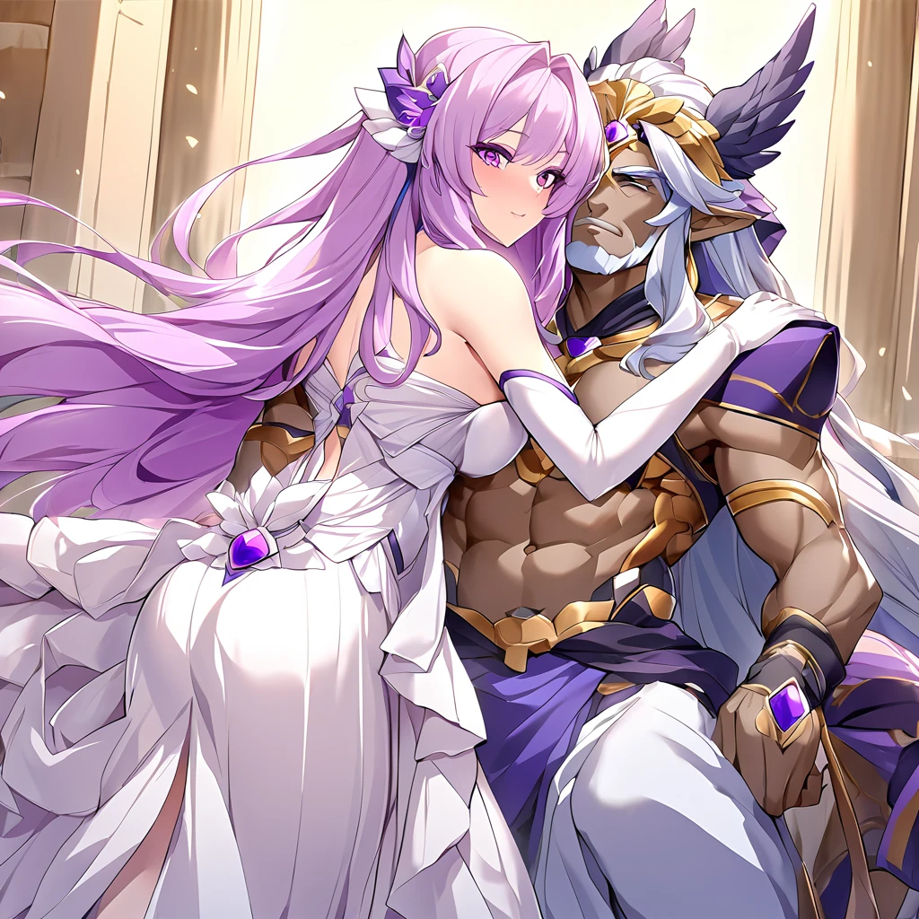 ((Highest quality)), ((masterpiece)), (detailed), （Perfect Face）、Woman is an ancient Greek goddess Hera wearing a Doric chiton々Hera, the goddess of marriage and wife of Zeus, king of the gods、The woman is the goddess Hera, the queen of the one and only god Zeus. She has medium-long hair, wears an ancient Greek Doric chiton, an engagement ring, and gorgeous accessories. She is an elegant goddess, the graceful and beautiful queen of the gods.、As the goddess Hera, the woman loved Zeus and served him as his wife.、Zeus is wearing an ancient Greek Doric chiton and is embracing and kissing a woman named Hera, showing his affection for her.