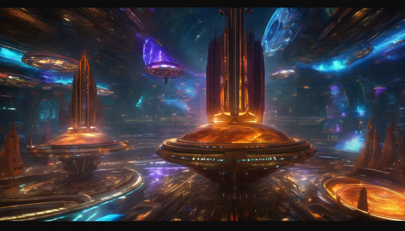 Sci-fi starship embodies biomechanical design, complex and detailed against the stark contrast of space, intricate beams and panels reflect an orange and beige palette, enveloped in a blur and haze that adds a mysterious ambiance, features illuminated by strategic lighting effects evoking drama, dark ambience, spacecraft designed in the manner of Ridley Scott,influences, includes an overlay of vintage da Vinci, Broken Glass effect, no background, stunning, something that even doesn't exist, mythical being, energy, molecular, textures, iridescent and luminescent scales, breathtaking beauty, pure perfection, divine presence, unforgettable, impressive, breathtaking beauty, Volumetric light, auras, rays, vivid colors reflects((The space station is a amalgamation of Babylon 5 & Deep Space 9)), there are ((Starfleet ships)) and almost any ship, from (((Star Trek Deep Spaces' 9 years))). The styles are, from (((Gerry and Silvia Anderson))), ((Judith Garfield)), and ((Reeves-Stevens)). (((Fractal elements by John William Turner))) are also present.