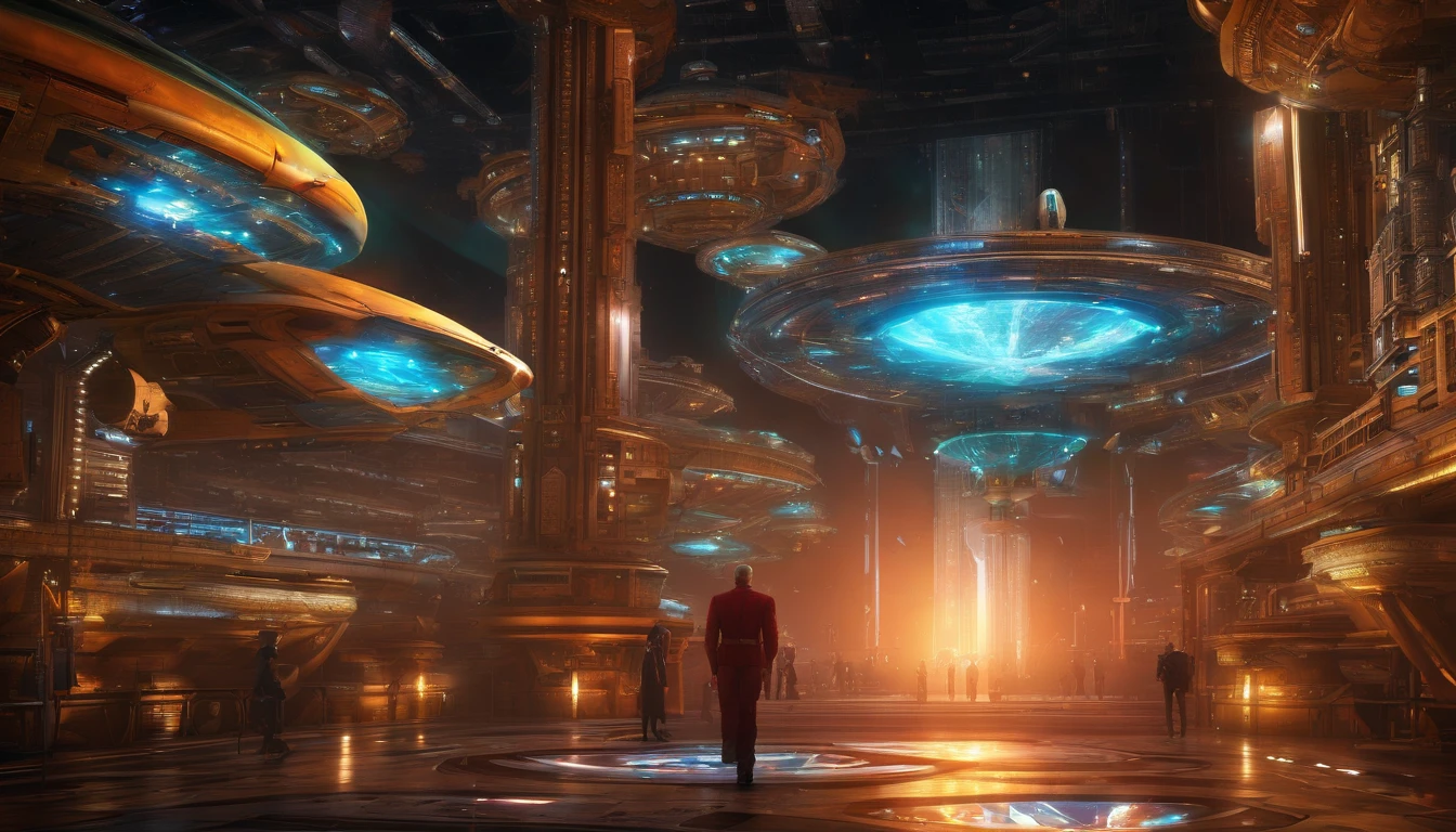 Sci-fi starship embodies biomechanical design, complex and detailed against the stark contrast of space, intricate beams and panels reflect an orange and beige palette, enveloped in a blur and haze that adds a mysterious ambiance, features illuminated by strategic lighting effects evoking drama, dark ambience, spacecraft designed in the manner of Ridley Scott,influences, includes an overlay of vintage da Vinci, Broken Glass effect, no background, stunning, something that even doesn't exist, mythical being, energy, molecular, textures, iridescent and luminescent scales, breathtaking beauty, pure perfection, divine presence, unforgettable, impressive, breathtaking beauty, Volumetric light, auras, rays, vivid colors reflects((The space station is a amalgamation of Babylon 5 & Deep Space 9)), there are ((Starfleet ships)) and almost any ship, from (((Star Trek Deep Spaces' 9 years))). The styles are, from (((Gerry and Silvia Anderson))), ((Judith Garfield)), and ((Reeves-Stevens)). (((Fractal elements by John William Turner))) are also present.