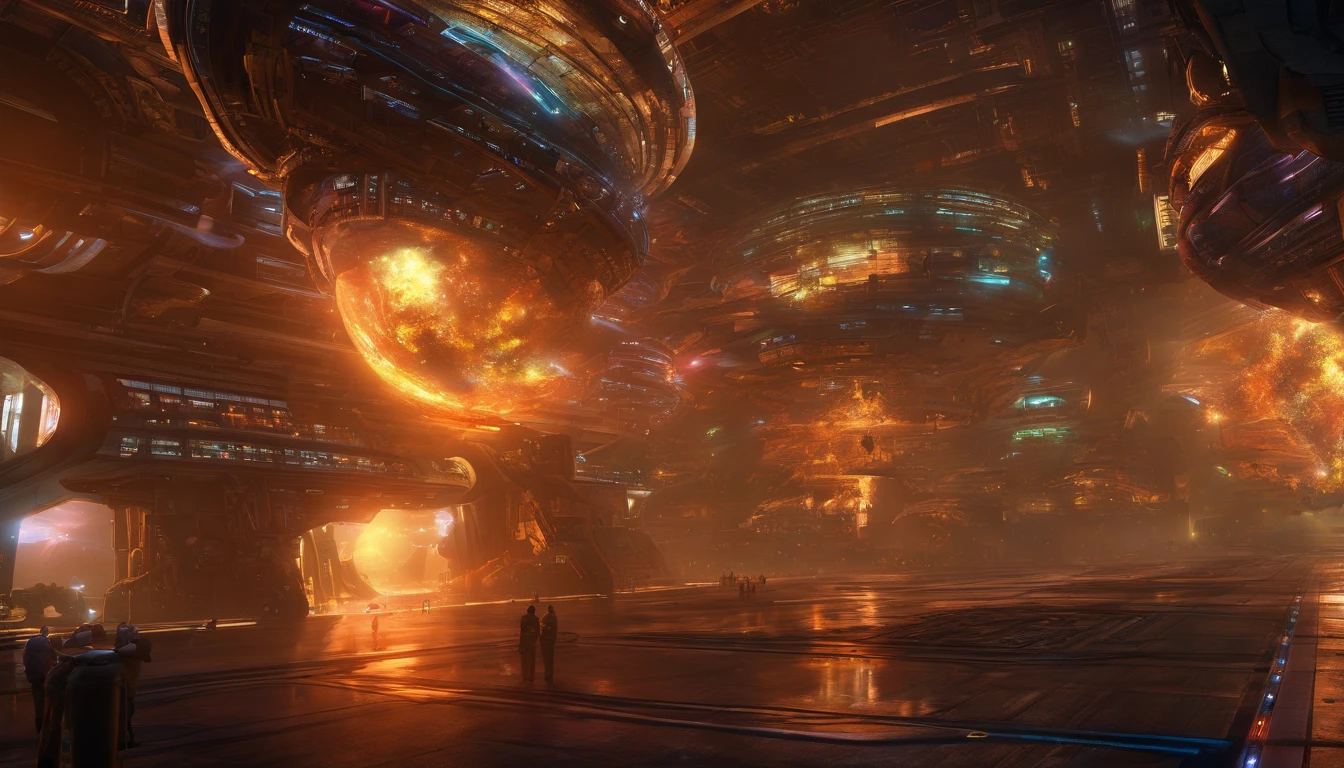Sci-fi starship embodies biomechanical design, complex and detailed against the stark contrast of space, intricate beams and panels reflect an orange and beige palette, enveloped in a blur and haze that adds a mysterious ambiance, features illuminated by strategic lighting effects evoking drama, dark ambience, spacecraft designed in the manner of Ridley Scott,influences, includes an overlay of vintage da Vinci, Broken Glass effect, no background, stunning, something that even doesn't exist, mythical being, energy, molecular, textures, iridescent and luminescent scales, breathtaking beauty, pure perfection, divine presence, unforgettable, impressive, breathtaking beauty, Volumetric light, auras, rays, vivid colors reflects((The space station is a amalgamation of Babylon 5 & Deep Space 9)), there are ((Starfleet ships)) and almost any ship, from (((Star Trek Deep Spaces' 9 years))). The styles are, from (((Gerry and Silvia Anderson))), ((Judith Garfield)), and ((Reeves-Stevens)). (((Fractal elements by John William Turner))) are also present.