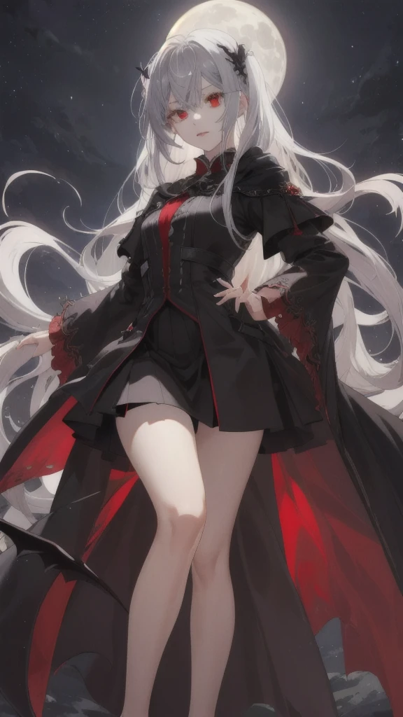 (Highest quality,Very detailed,High resolution:1.2),One Girl,Gray Hair,The most beautiful girl in human history,暗い red eyes (暗いred eyes:1.1),暗い aura(aura:1.1),(mysterious,Ghostly:1.1) atmosphere,Looks like half a demon,(Demonic traits,Devilish Features),(Elaborate,Brilliant) ,Small Ass、Long, slender legs、Black Stockings,Knee-length skirt,Black long coat,Black Cape、A big full moon shines in the dark night sky