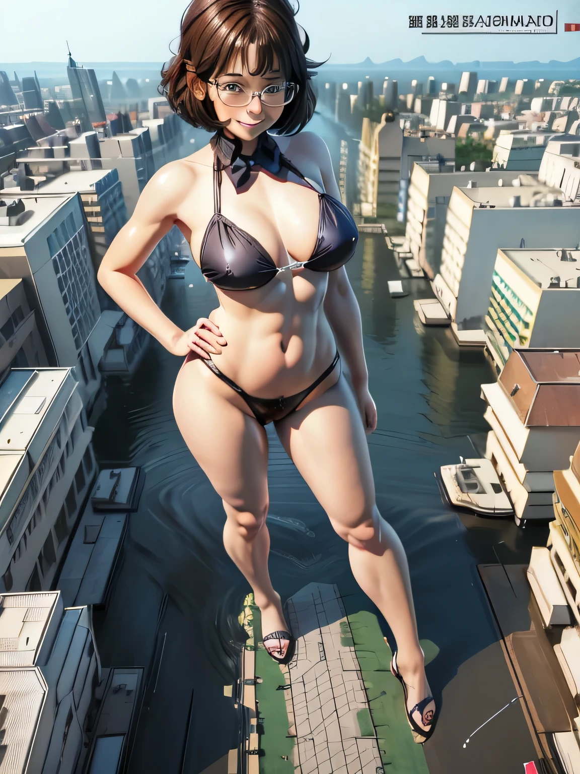 (One girl:1.5),,(Smile Beam:1.5),(whole body),((Huge breasts:1.6)),(垂れ下がったHuge breasts:1.6), ((Cleavage:1.5)),((Swimsuit:1.5)),, 40 years old,masterpiece,super high quality, Very detailed,Perfect photo,3D,8k,High resolution,Enchanting anime girl, Medium Hair:1.3,Black Hair,(black eye:1.5),Sporty hairstyles,Smooth anime CG art,Huge breasts、Realistic、Perfect body line、aerial photograph、aerial photograph、Destroying the city with a smile、 (A giant girl bigger than a skyscraper destroys the city of Shibuya:1.5)、cute、 bikini、cute、Lying Empress