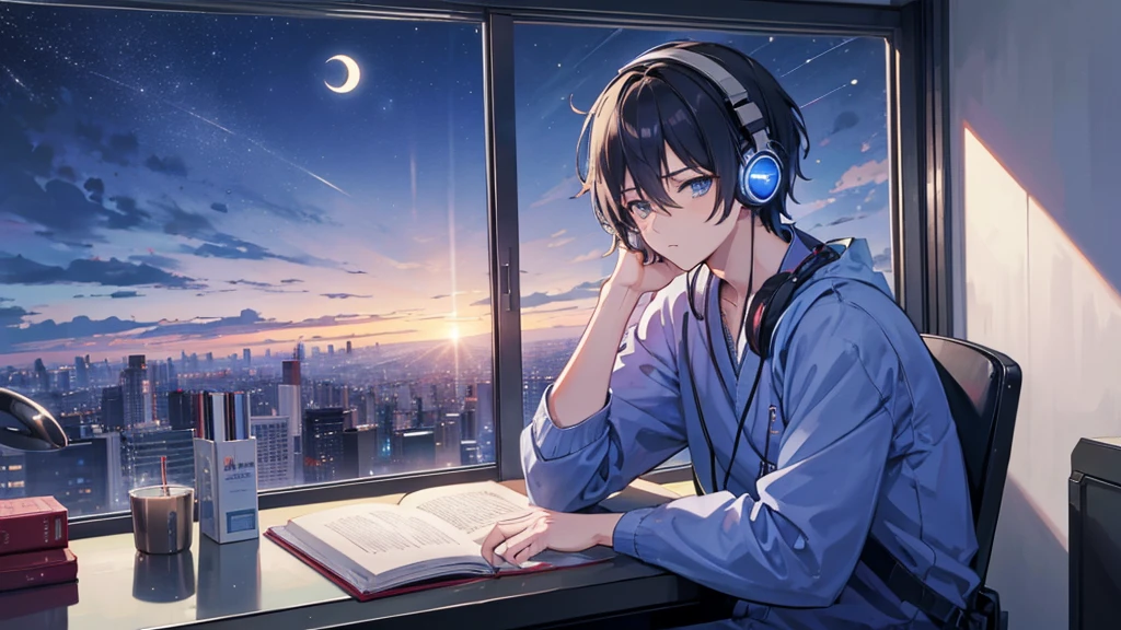 A handsome boy studying while listening to music on headphones at a desk by the window of a high-rise building with a night view. The sky is night. The moonlight in the distance. Japanese anime style