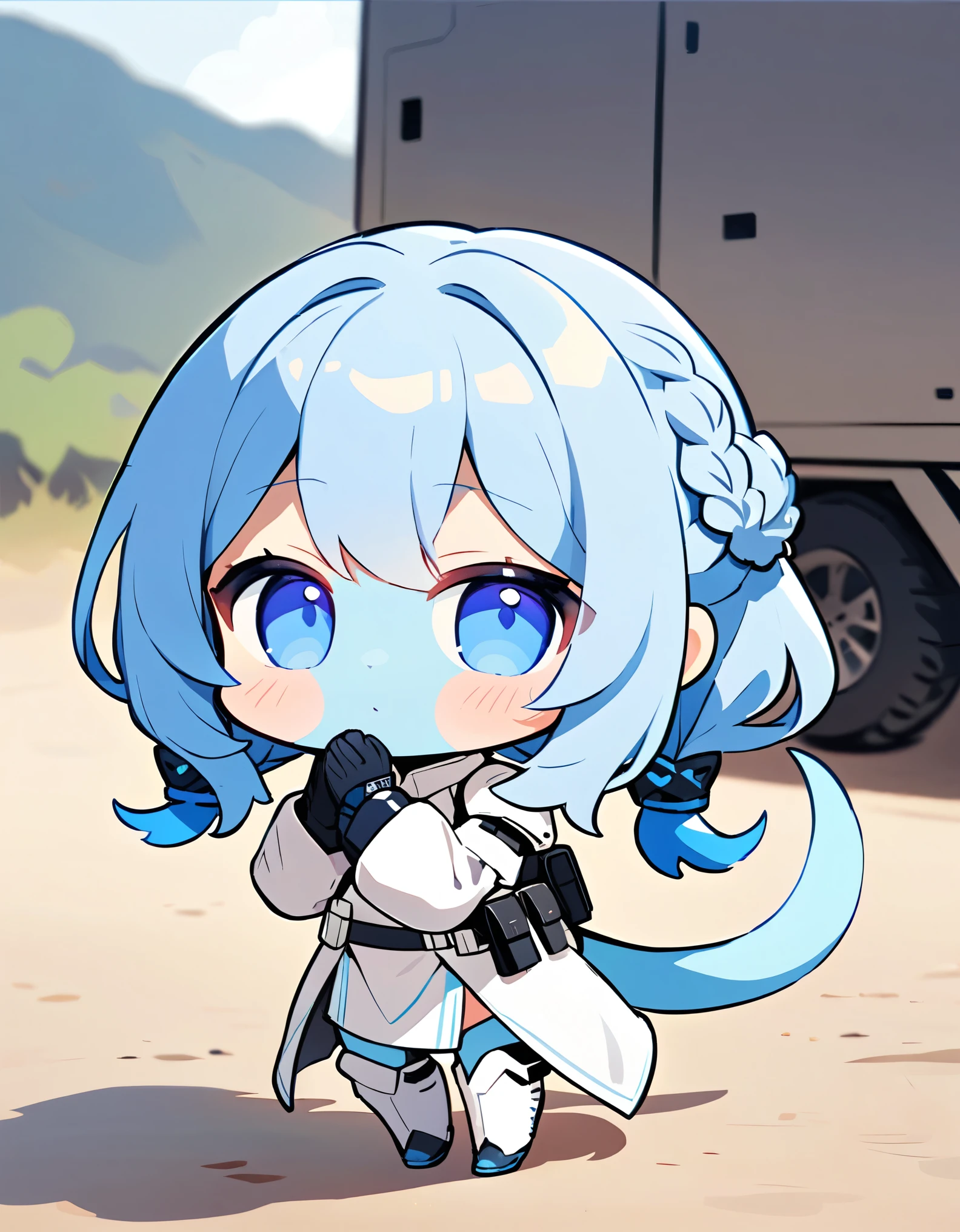 (alien woman,Blue Skin,Dreadlocks,Cute tail,Wearing a Stormtrooper costume),(chibi),(Chibi Character)
