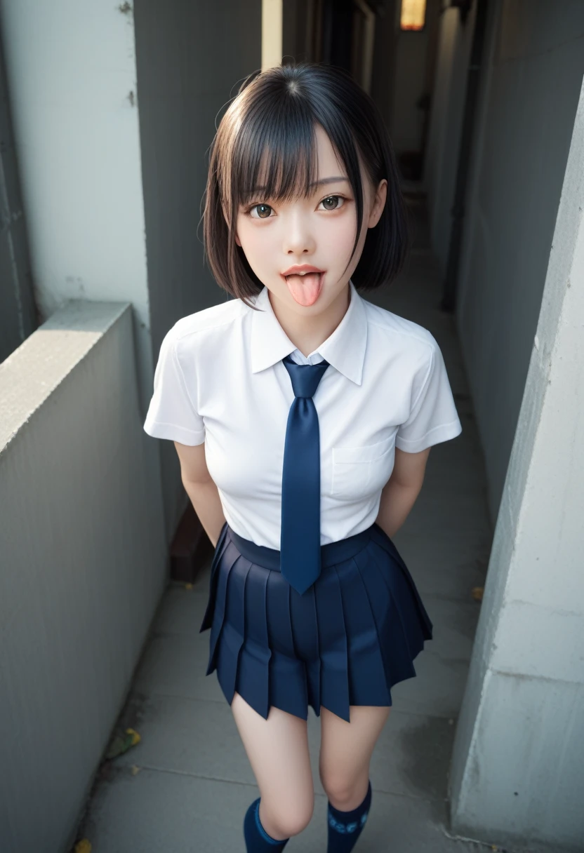 ,collared shirt,Short sleeve,pleated skirt,tie,Navy blue socks,(open mouth:1.5),(tongue out:2),dim,Alley,stand,skirt lift,string panties,front view,cowboy shot,from above(1girl,Beautiful  girl,teenager),(,Small breasts,Small face,)),(looking at viewer),Black Hair,bangs,straight,Beautiful and detailed