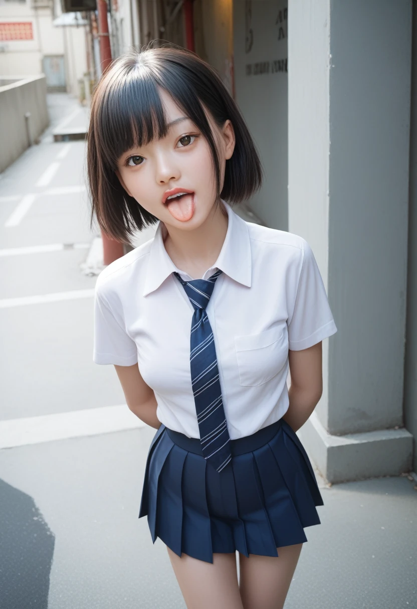 ,collared shirt,Short sleeve,pleated skirt,tie,Navy blue socks,(open mouth:1.5),(tongue out:2),dim,Alley,stand,Hands under the chin,front view,cowboy shot,from above(1girl,Beautiful 14 year old girl,teenager),((Slender,Small breasts,Small face,)),(looking at viewer),Black Hair,bangs,straight,Beautiful and detailed
