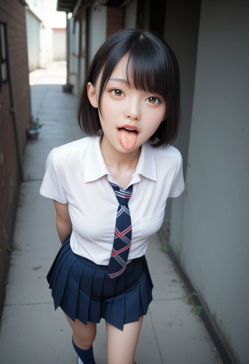 ,collared shirt,Short sleeve,pleated skirt,tie,Navy blue socks,(open mouth:1.5),(tongue out:2),dim,Alley,stand,Hands Behind Back,front view,cowboy shot,from above(1girl,Beautiful 14 year old girl,teenager),((Slender,Small breasts,Small face,)),(looking at viewer),Black Hair,bangs,straight,Beautiful and detailed
