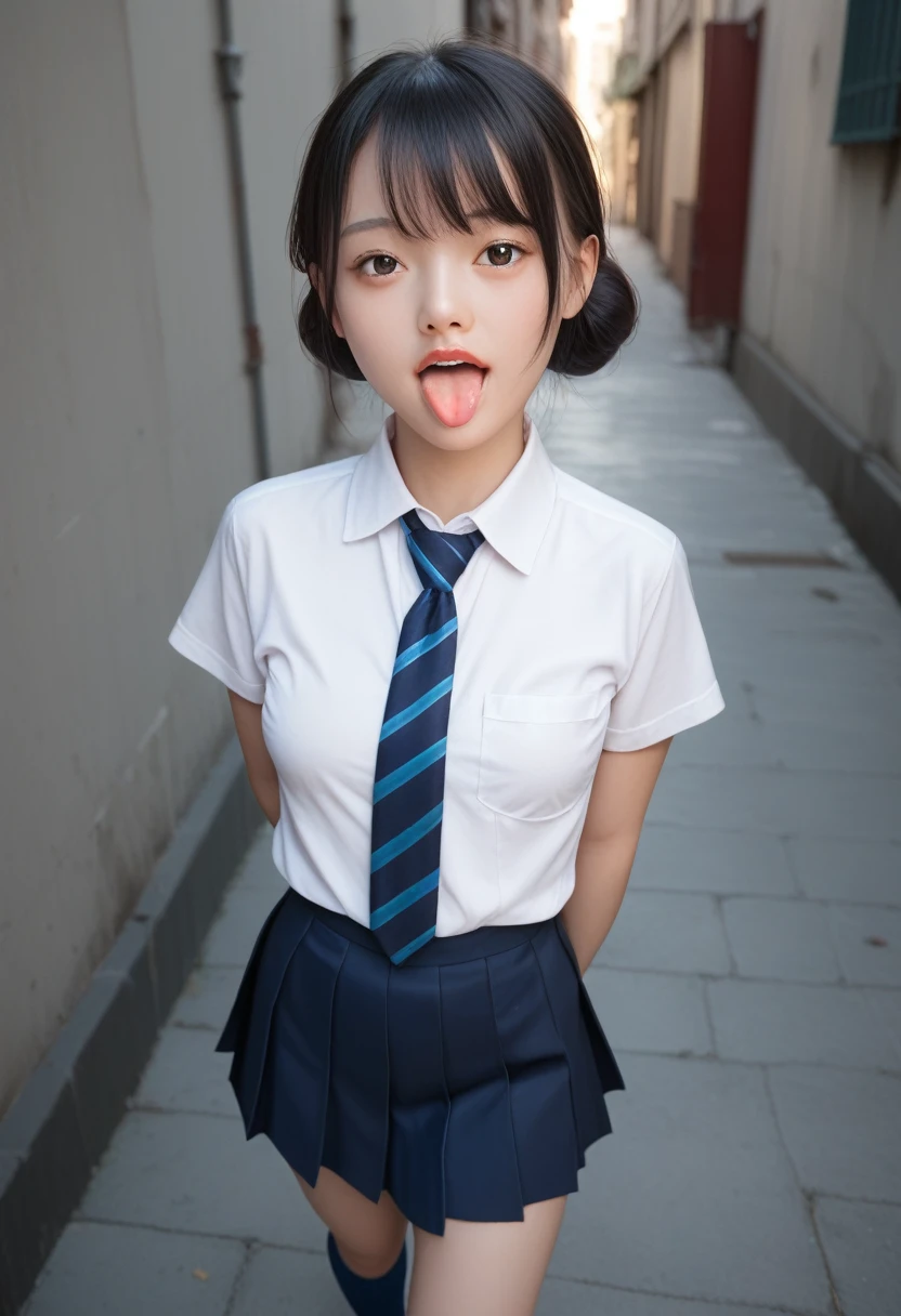 ,collared shirt,Short sleeve,pleated skirt,tie,Navy blue socks,(open mouth:1.5),(tongue out:2),dim,Alley,stand,Hands Behind Back,front view,cowboy shot,from above(1girl,Beautiful 14 year old girl,teenager),((Slender,Small breasts,Small face,)),(looking at viewer),Black Hair,bangs,straight,Beautiful and detailed
