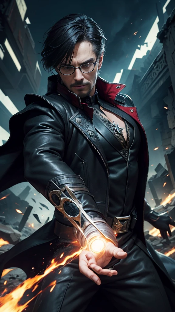 (masterpiece, Best image quality),One Man, A hero wearing a black leather suit, (Dynamic pose | Element Surround:1.2), Low angle view, Very detailed, Ruins of the battle, intense, Outdoor, Doctor Strange, wise, Wizard, Wear glasses, I&#39;m wearing gloves