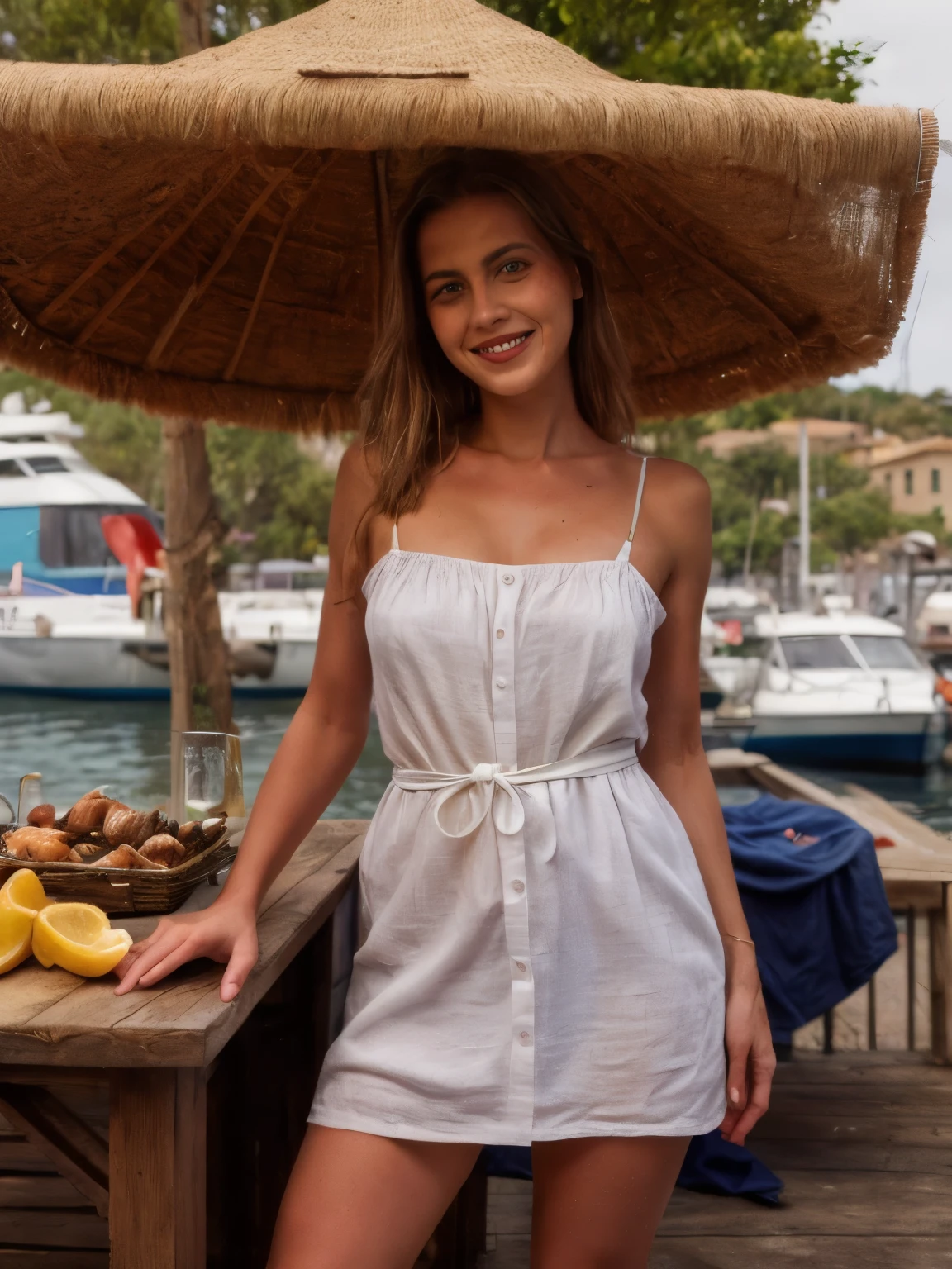 portrait of a slightly smiling seductive skinny beautiful young Woman Selling Fish in good mood at a Small ancient south italien Harbor Stall. 1. Italy in the 15th century: At a lively harbor on the Italian coast during the time, the warm Mediterranean sun casts a golden glow over the bustling scene. The harbor is lined with wooden docks, where colorful fishing boats are moored after a night's work at sea. Stalls made from sturdy timber and covered with woven reed canopies create a vibrant marketplace along the waterfront, filled with the sounds and scents of the ocean. In one such stall, a slightly smiling blond woman tends to her display of fresh fish and crabs. Her stall, constructed from weathered wooden beams and shaded by a reed canopy, is laden with an enticing variety of seafood. Silver-scaled fish are artfully arranged on beds of crushed ice, while woven baskets brim with crabs, mussels, and squid. Hanging from hooks are strings of salted anchovies, their savory scent mingling with the fresh sea breeze. The woman, dressed in traditional 16th-century Italian attire, wears a simple yet elegant linen dress, its earthy tones complemented by a brightly colored silk sash tied at her waist. A woven basket at her feet holds a selection of herbs and garlic, ready to be offered to her customers for seasoning their purchases. Her leather sandals, well-worn from standing on the cobblestone harbor, peek out from beneath her skirts as she cheerfully attends to the bustling crowd. Tools and Materials: Wooden docks on stone pier Colorful fishing boats Stalls with woven reed canopies Silver-scaled fish on beds of crushed ice Woven baskets of crabs, mussels, and squid Strings of salted anchovies hanging from hooks Woven basket with herbs and garlic Simple linen dress Brightly colored silk sash Leather sandals presented Food for sale, on a table: Fresh fish Crabs Mussels Squid Salted anchovies oranges lemons nuts olives bread