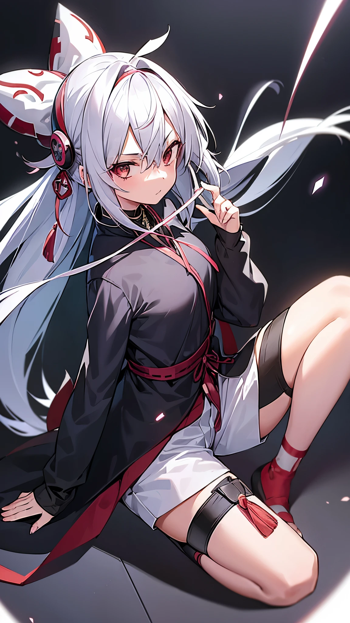 1girl, silver hair, string, ninja, higanbana, mask, short pants, shuriken