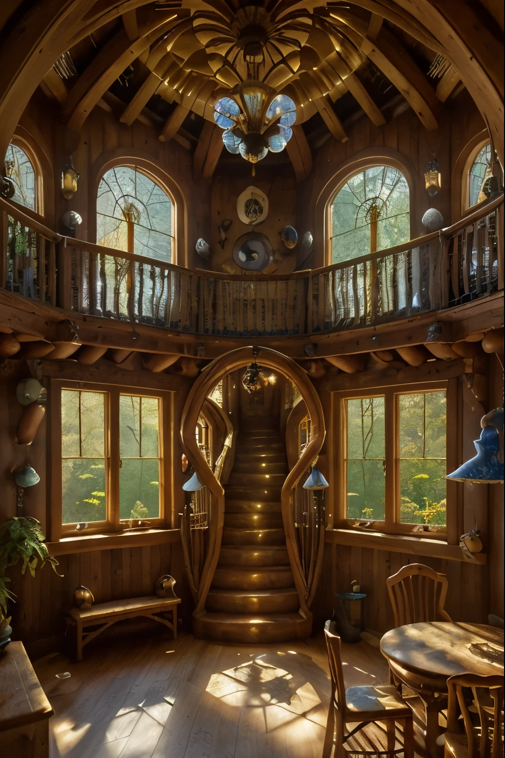 Create a whimsical fantasy scene set inside a grand mushroom-shaped house. The interior should be richly detailed with natural wooden elements and organic shapes, evoking a sense of magic and wonder. The walls and floors are made of polished, warm-toned wood, and the furniture blends seamlessly with the natural architecture.

The room features a spiral wooden staircase leading to a cozy loft, and large, arched windows allow streams of sunlight to filter through, casting a golden glow. Various elements of the house, such as shelves and tables, are integrated into the mushroom's structure, giving the impression that the house grew naturally rather than being built.

In the center of the room, a glowing portal made of swirling blue and white light stands, hinting at magical journeys to come. The atmosphere should be serene yet filled with a sense of adventure, with small details like ornate lanterns, hanging plants, and mystical artifacts adding to the enchanting ambiance.