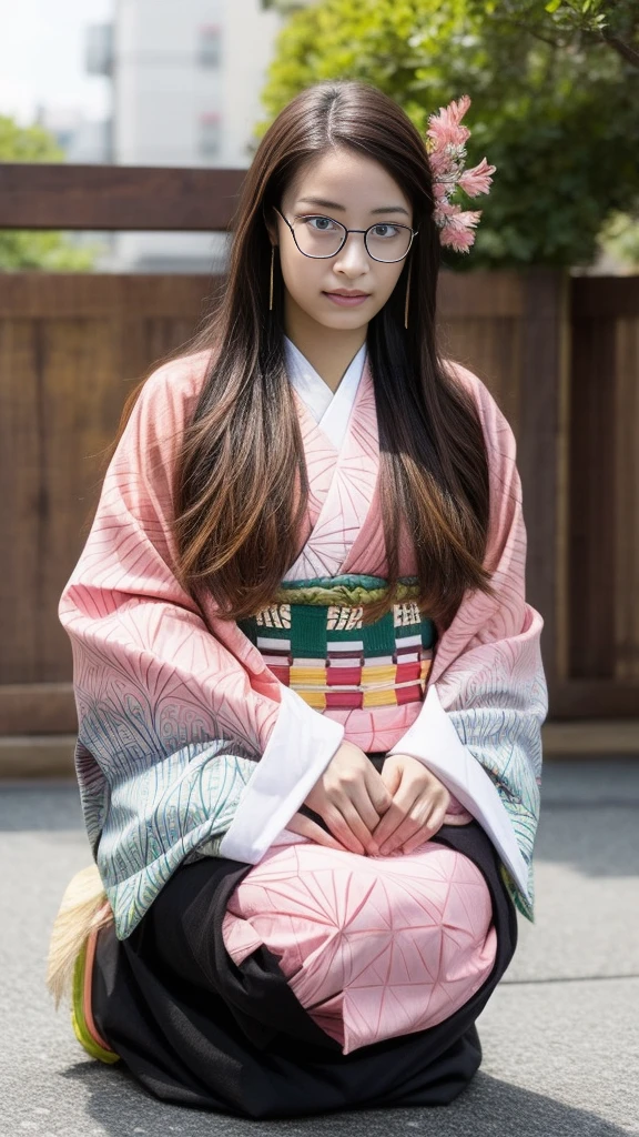Cute Japanese woman, (16 years old), (very cute face), white moisturized skin, looking at the camera, melancholy expression, (glasses: 1.4),
BREAK,
Idol,
BREAK,
(wearing cute kimono: 1.3), (kimono with high exposure), very large earrings, short length,
BREAK,
(long hair), (pink hair: 1.4), (wavy hair), (gradient hair: 1.3), (hair with red ends),
BREAK,
(realistic: 1.3), masterpiece, perfect lighting, (ultra-high resolution), (8K), (highly detailed: 1.4), (from the front), (full body: 1.4), (symmetrical: 1.2), (one shot),
BREAK,
(Shibuya city in Japan: 1.2),
BREAK,
(Demon Slayer: 1.4),
BREAK,
(Hirose Suzu: 1.4),