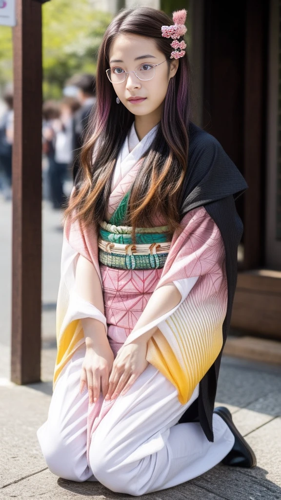 Cute Japanese woman, (16 years old), (very cute face), white moisturized skin, looking at the camera, melancholy expression, (glasses: 1.4),
BREAK,
Idol,
BREAK,
(wearing cute kimono: 1.3), (kimono with high exposure), very large earrings, short length,
BREAK,
(long hair), (pink hair: 1.4), (wavy hair), (gradient hair: 1.3), (hair with red ends),
BREAK,
(realistic: 1.3), masterpiece, perfect lighting, (ultra-high resolution), (8K), (highly detailed: 1.4), (from the front), (full body: 1.4), (symmetrical: 1.2), (one shot),
BREAK,
(Shibuya city in Japan: 1.2),
BREAK,
(Demon Slayer: 1.4),
BREAK,
(Hirose Suzu: 1.4),