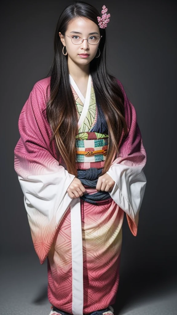 Cute Japanese woman, (16 years old), (very cute face), white moisturized skin, looking at the camera, melancholy expression, (glasses: 1.4),
BREAK,
Idol,
BREAK,
(wearing cute kimono: 1.3), (kimono with high exposure), very large earrings, short length,
BREAK,
(long hair), (pink hair: 1.4), (wavy hair), (gradient hair: 1.3), (hair with red ends),
BREAK,
(realistic: 1.3), masterpiece, perfect lighting, (ultra-high resolution), (8K), (highly detailed: 1.4), (from the front), (full body: 1.4), (symmetrical: 1.2), (one shot),
BREAK,
(Shibuya city in Japan: 1.2),
BREAK,
(Demon Slayer: 1.4),
BREAK,
(Hirose Suzu: 1.4),