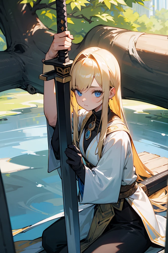 woman, in comportable warrior clotes, had blond hair, hero, with long sword, sitting in tree, blue eyes, asilver sword, bangs