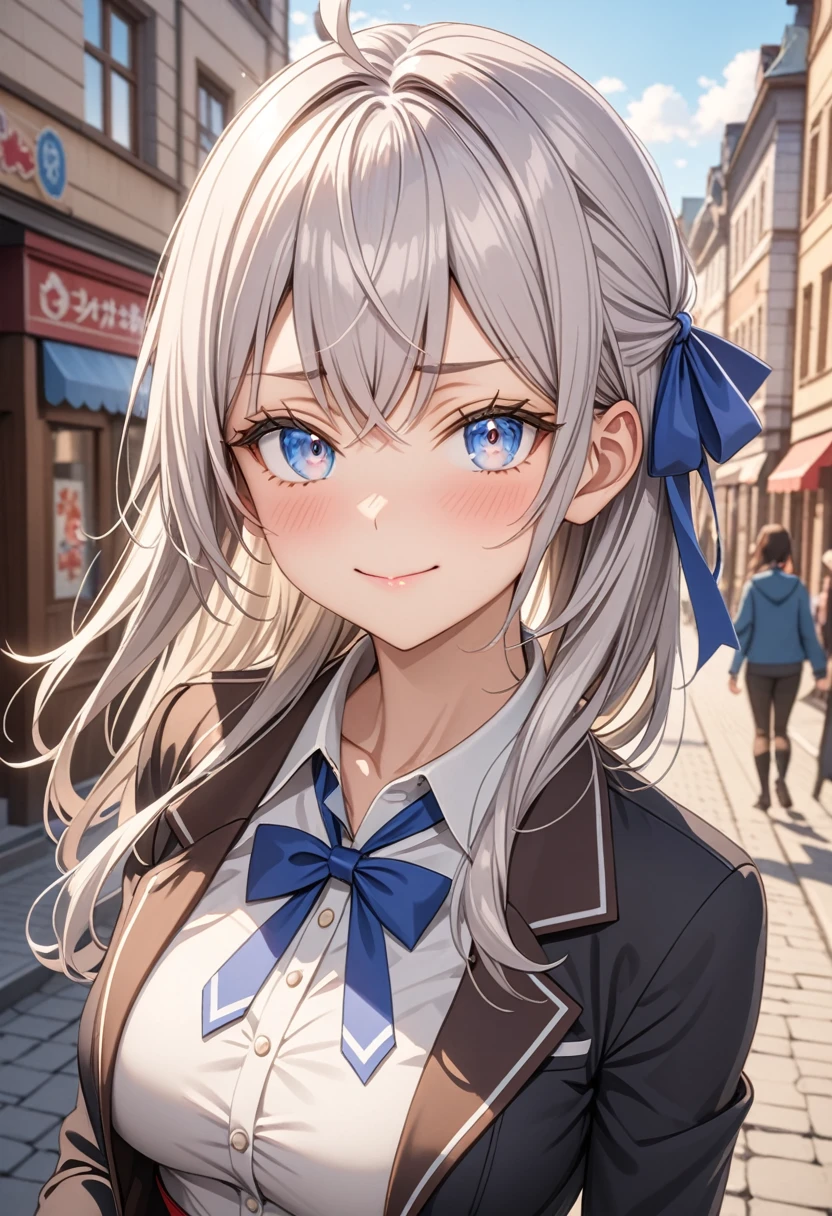 ultra-detailed, 8k,(Colorful anime women), Beautiful Face, One girl, Alisa Mikhailovna Kujo,Tomorrow, my friend, Arya-san, will be visiting Russia.,alone, ((Anime style background)),masterpiece, Highest quality, AI-generated, Complex,High resolution, Highest quality, super high quality,3D Images、3D Images, (Brighten your face), so beautiful,Latest, Complex details, Long Hair, Eyebrows visible through hair, Hair between the eyes, Silver Hair, Hair Ribbon, blue eyes, (Colorful eyes), (Shining Eyes), Medium chest, ,Long sleeve, Jacket,
View your viewers, Upper Body, Dutch Angle,Mouth closed, Close one eye, A light smile,
Highest quality, so beautiful, Absurd,