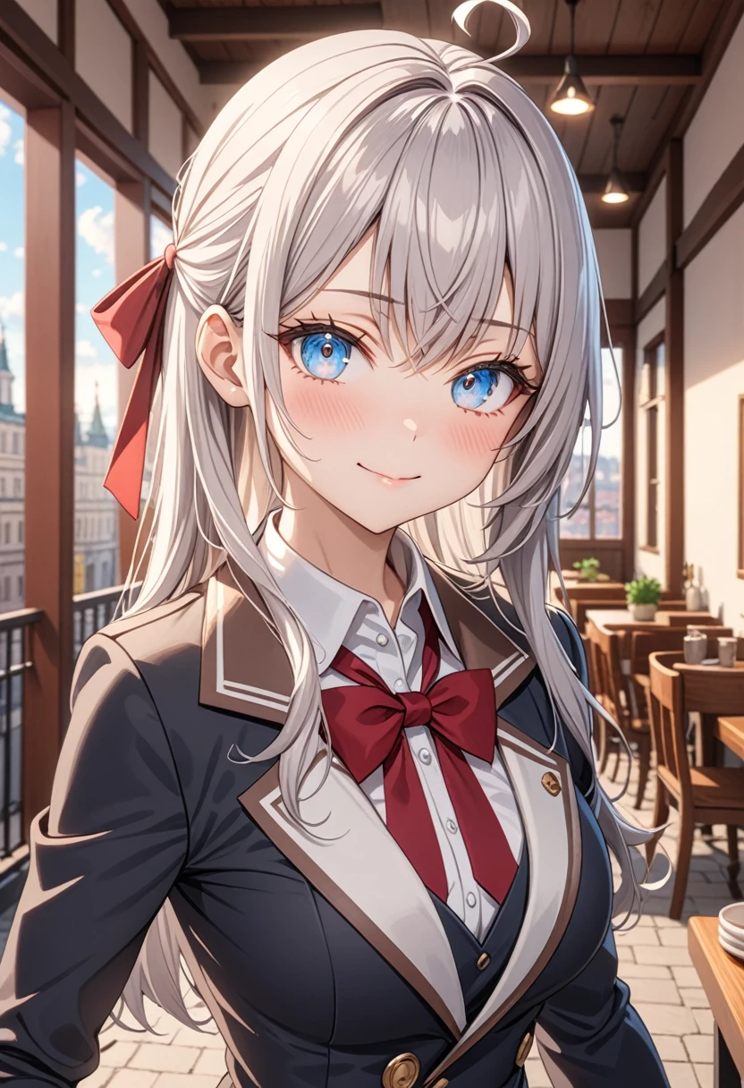 ultra-detailed, 8k,(Colorful anime women), Beautiful Face, One girl, Alisa Mikhailovna Kujo,Tomorrow, my friend, Arya-san, will be visiting Russia.,alone, ((Anime style background)),masterpiece, Highest quality, AI-generated, Complex,High resolution, Highest quality, super high quality,3D Images、3D Images, (Brighten your face), so beautiful,Latest, Complex details, Long Hair, Eyebrows visible through hair, Hair between the eyes, Silver Hair, Hair Ribbon, blue eyes, (Colorful eyes), (Shining Eyes), Medium chest, ,Long sleeve, Jacket,
View your viewers, Upper Body, Dutch Angle,Mouth closed, Close one eye, A light smile,
Highest quality, so beautiful, Absurd,