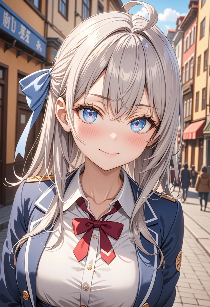 ultra-detailed, 8k,(Colorful anime women), Beautiful Face, One girl,  Alisa Mikhailovna Kujo,Tomorrow, my friend, Arya-san, will be visiting Russia.,alone, ((Anime style background)),masterpiece, Highest quality, AI-generated, Complex,High resolution, Highest quality, super high quality,3D Images、3D Images, (Brighten your face), so beautiful,Latest, Complex details, Long Hair, Eyebrows visible through hair, Hair between the eyes, Silver Hair, Hair Ribbon, blue eyes, (Colorful eyes), (Shining Eyes), Medium chest, ,Long sleeve, Jacket,
View your viewers, Upper Body, Dutch Angle,Mouth closed, Close one eye, A light smile,
Highest quality, so beautiful, Absurd,