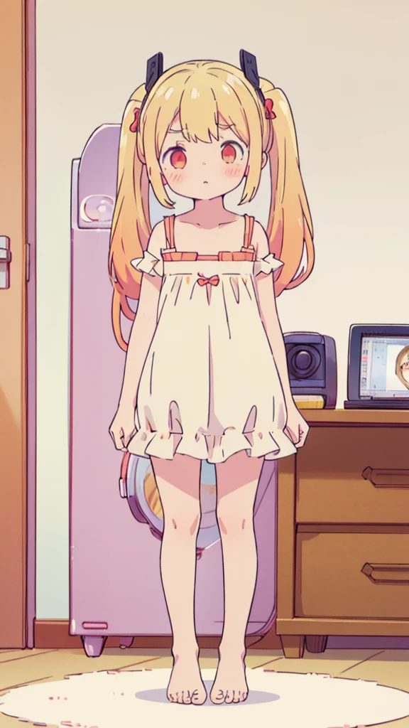 ((masterpiece))((Highest quality))girl、Confused eyes、blush、Flat Chest、Are thin、Blonde Hair、blush、Are standing、Whole body image、Eye level on face、、No background、Hair is two colors、Twin tails、Red Eyes、Two-tone red and yellow hair、Whole body image、Reflected to the toes