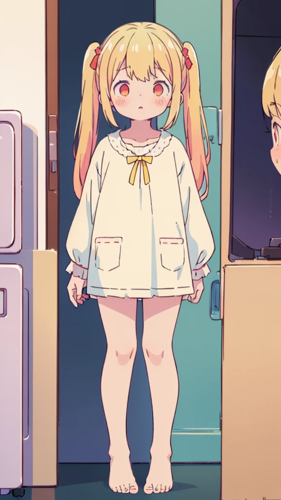 ((masterpiece))((Highest quality))girl、Confused eyes、blush、Flat Chest、Are thin、Blonde Hair、blush、Are standing、Whole body image、Eye level on face、、No background、Hair is two colors、Twin tails、Red Eyes、Two-tone red and yellow hair、Whole body image、Reflected to the toes