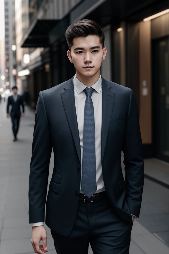 RAW Photography、Portrait photo of a 25-year-old man in a suit、daytime、the city street、（High resolution skin：1.2）、8K UHD、Digital SLR、softlighting、hightquality、film grains、FujifilmXT3