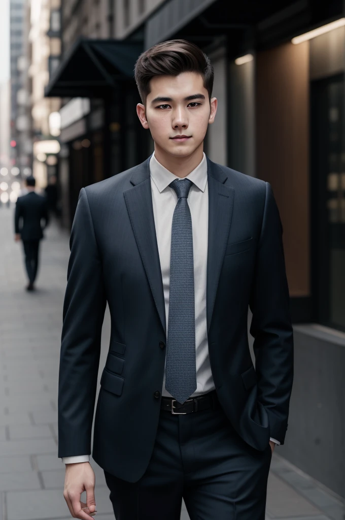 RAW Photography、Portrait photo of a 25-year-old man in a suit、daytime、the city street、(High resolution skin:1.2)、8K UHD、Digital SLR、softlighting、hightquality、film grains、FujifilmXT3