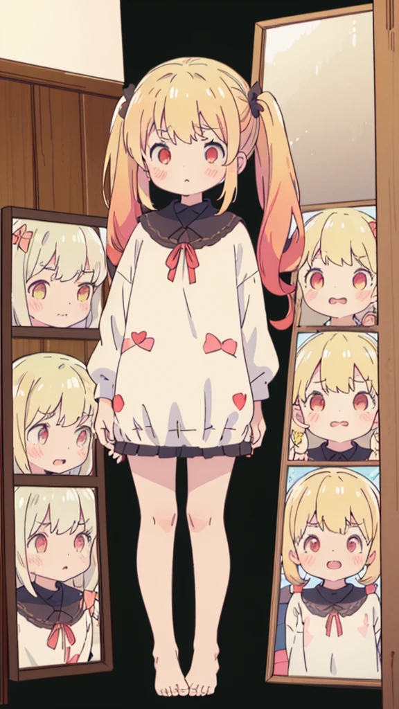 ((masterpiece))((Highest quality))girl、Confused eyes、blush、Flat Chest、Are thin、Blonde Hair、blush、Are standing、Whole body image、Eye level on face、、No background、Hair is two colors、Twin tails、Red Eyes、Two-tone red and yellow hair、Whole body image、Reflected to the toes