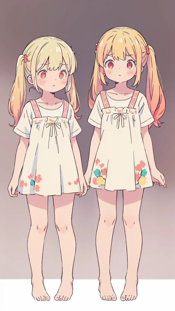 ((masterpiece))((Highest quality))girl、Confused eyes、blush、Flat Chest、Are thin、Blonde Hair、blush、Are standing、Whole body image、Eye level on face、、No background、Hair is two colors、Twin tails、Red Eyes、Two-tone red and yellow hair、Whole body image、Reflected to the toes