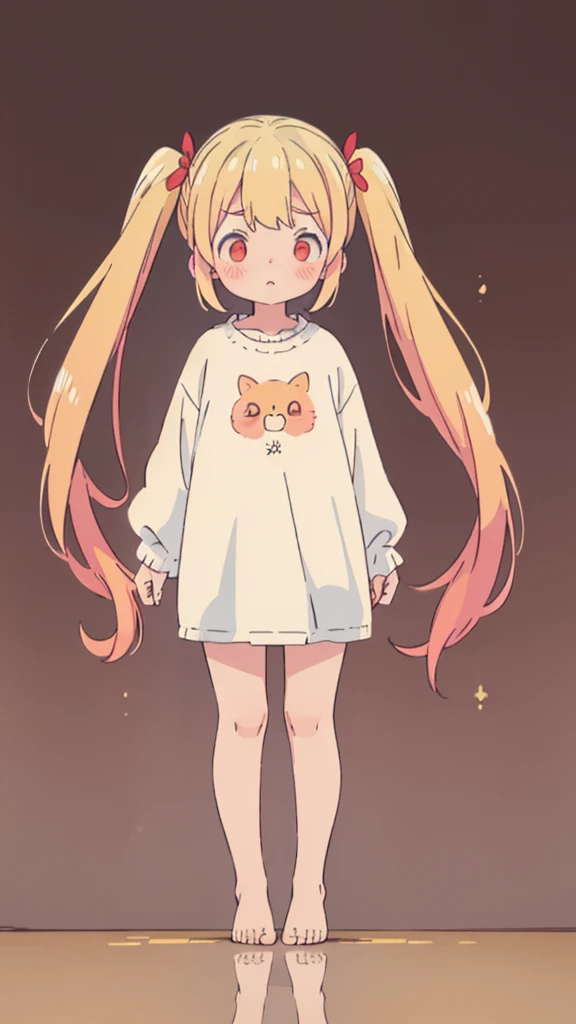 ((masterpiece))((Highest quality))girl、Confused eyes、blush、Flat Chest、Are thin、Blonde Hair、blush、Are standing、Whole body image、Eye level on face、、No background、Hair is two colors、Twin tails、Red Eyes、Two-tone red and yellow hair、Whole body image、Reflected to the toes