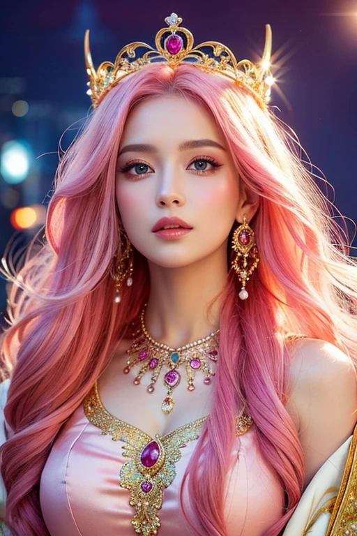 ((Highest quality)), ((masterpiece)), (detailed), Perfect Face, Spiritual Goddess, Romantic look, Long pink hair, Mysterious look, wonderful aura, Gorgeous upper body, Look even more beautiful, Shiny crowns and decorations, from the front