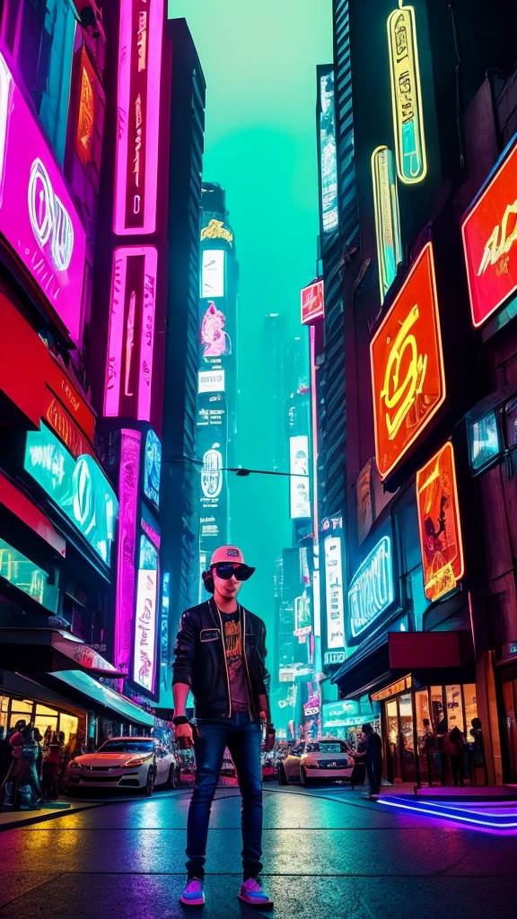 Stunning illustration of the "Attaboy" logo, featuring a boy wearing a stylish ball cap. Stylish gaming headphones with bright blue LED lights, cool shades and reflective lenses. Cityscape lit up with neon lights at dusk With a blurred background of towering skyscrapers and busy roads. Gives a fun and luxurious feeling. With a bold palette of deep blues, bright pinks and warm yellows. and complex textures reminiscent of luxury. and high-level gaming culture