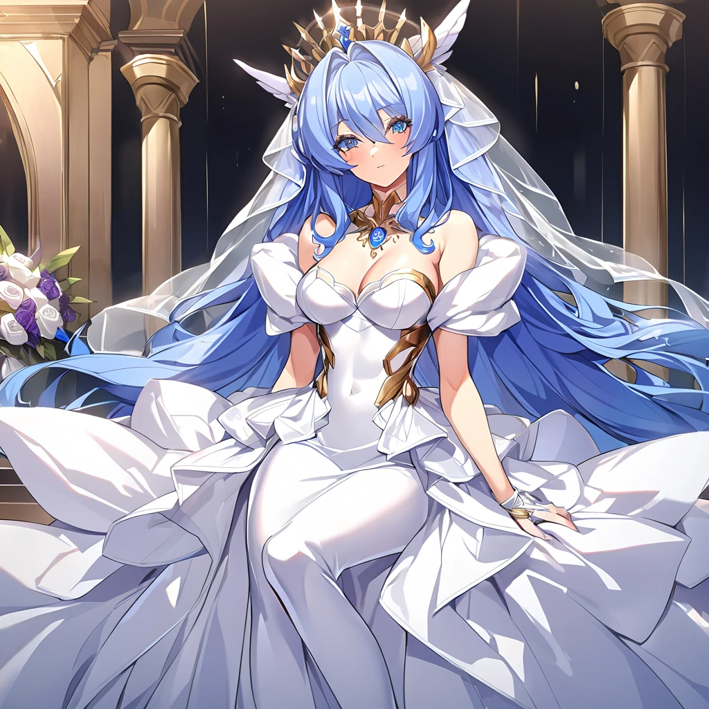 ((Highest quality)), ((masterpiece)), (detailed), (Perfect Face)、The woman was the goddess who became Hera in Greek mythology.々A big and beautiful angel6An archangel and god with wings and a shining halo above his head.々the wife of Zeus, king of the gods, and the divine queen々Goddess Extia、The woman is a beautiful goddess, Goddess Extia, the queen of the one and only god Zeus, with medium-long blue hair, wearing a pure white vintage wedding dress with gorgeous gold embroidery and trim, a gorgeous vintage wedding veil, gorgeous jewelry and decorations, an engagement ring, and gorgeous accessories. She is an elegant goddess, the graceful and beautiful queen of the gods, Goddess Extia.
