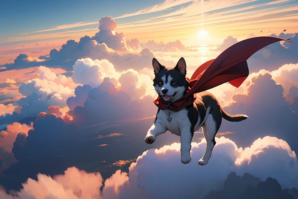 ((Masterpiece, top quality, high resolution)), ((highly detailed CG unified 8K wallpaper)), A puppy flying above the clouds with its red cape fluttering,