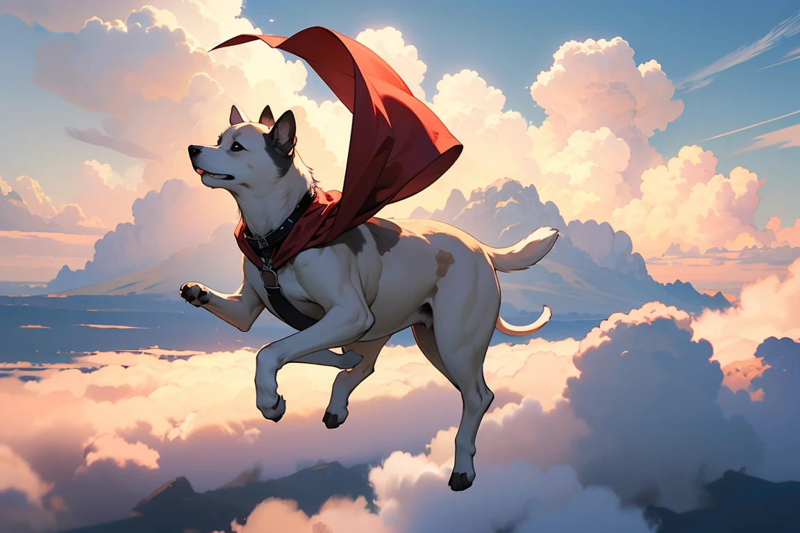 ((Masterpiece, top quality, high resolution)), ((highly detailed CG unified 8K wallpaper)), A puppy flying above the clouds with its red cape fluttering,