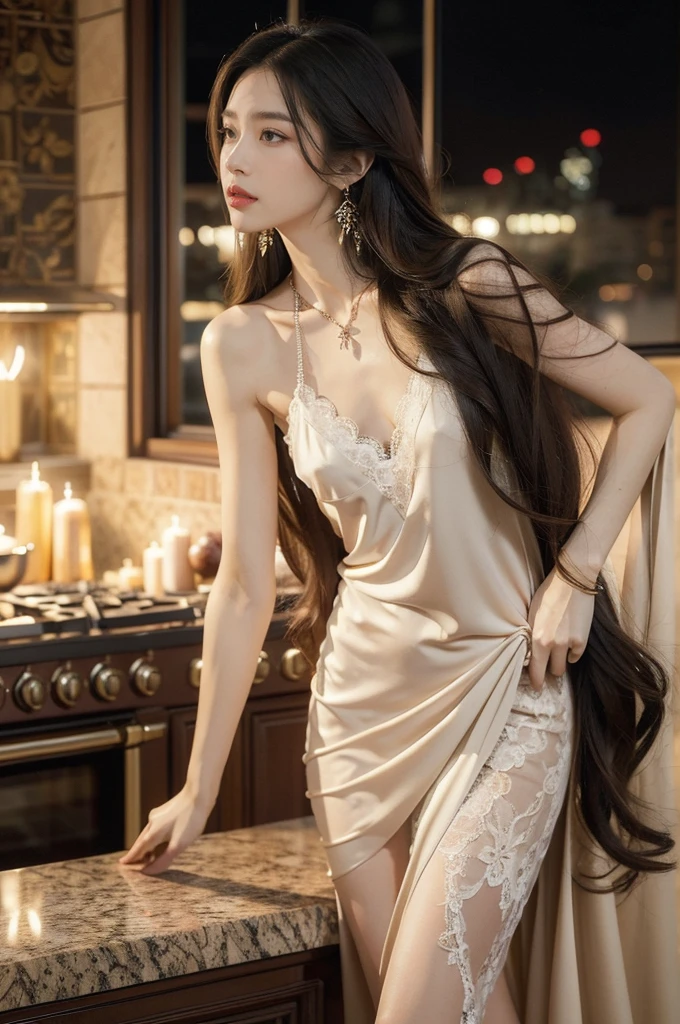 (((best quality))),(((ultra detailed))),(((masterpiece))),illustration,((1 beautiful girl,solo)),(shoulder length straight hair:1.2),((earrings,necklace)),((slim,thin)),((small breasts,flat chest)),(luxurious lace nightgown:1.3),(slender legs:1.2),(standing:1.3),(sumptuous kitchen:1.3),window,bustling,metropolis,striking,delicate emerald eyes,mystery,allure,red lips,fair,complexion,sophistication,attire,exquisite,frame,plunging,intricate pattern,romance,elegance,walls,expensive,tiles,countertops,gleaming,marble,culinary,gadgets,organized,counter,aromatic,steam,simmering,stove,ambiance,(night scene:1.3),skyline,skyscrapers,distance,aglow,vibrant colors,contrast,serene,atmosphere,opulence,sophistication,light,shadow,vivid,interplay,experience,captivating,ambiance,((from front,upper body))