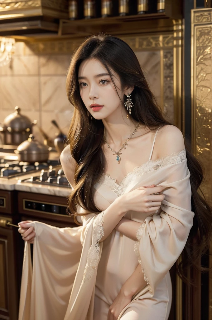(((best quality))),(((ultra detailed))),(((masterpiece))),illustration,((1 beautiful girl,solo)),(shoulder length straight hair:1.2),((earrings,necklace)),((slim,thin)),((small breasts,flat chest)),(luxurious lace nightgown:1.3),(slender legs:1.2),(standing:1.3),(sumptuous kitchen:1.3),window,bustling,metropolis,striking,delicate emerald eyes,mystery,allure,red lips,fair,complexion,sophistication,attire,exquisite,frame,plunging,intricate pattern,romance,elegance,walls,expensive,tiles,countertops,gleaming,marble,culinary,gadgets,organized,counter,aromatic,steam,simmering,stove,ambiance,(night scene:1.3),skyline,skyscrapers,distance,aglow,vibrant colors,contrast,serene,atmosphere,opulence,sophistication,light,shadow,vivid,interplay,experience,captivating,ambiance,((from front,upper body))