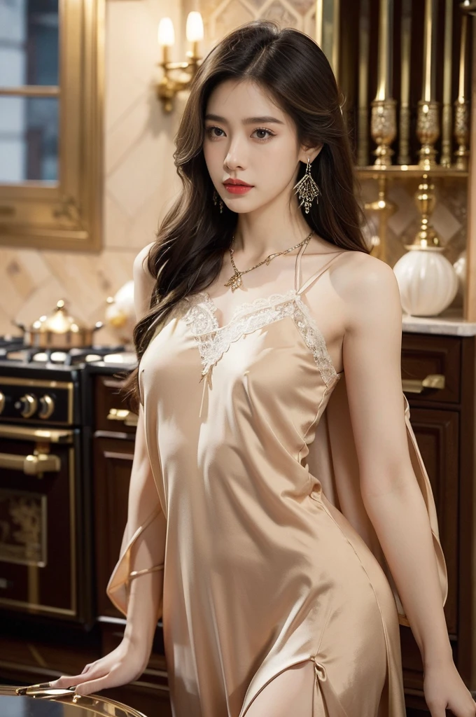 (((best quality))),(((ultra detailed))),(((masterpiece))),illustration,((1 beautiful girl,solo)),(shoulder length straight hair:1.2),((earrings,necklace)),((slim,thin)),((small breasts,flat chest)),(luxurious lace nightgown:1.3),(slender legs:1.2),(standing:1.3),(sumptuous kitchen:1.3),window,bustling,metropolis,striking,delicate emerald eyes,mystery,allure,red lips,fair,complexion,sophistication,attire,exquisite,frame,plunging,intricate pattern,romance,elegance,walls,expensive,tiles,countertops,gleaming,marble,culinary,gadgets,organized,counter,aromatic,steam,simmering,stove,ambiance,(night scene:1.3),skyline,skyscrapers,distance,aglow,vibrant colors,contrast,serene,atmosphere,opulence,sophistication,light,shadow,vivid,interplay,experience,captivating,ambiance,((from front,upper body))