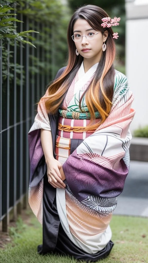 Cute Japanese woman, (), (very cute face), white moisturized skin, looking at the camera, melancholy expression, (glasses: 1.4),
BREAK,
Idol,
BREAK,
(wearing cute kimono: 1.3), (kimono with high exposure), very large earrings, short length,
BREAK,
(long hair), (pink hair: 1.4), (wavy hair), (gradient hair: 1.3), (hair with red ends),
BREAK,
(realistic: 1.3), masterpiece, perfect lighting, (ultra-high resolution), (8K), (highly detailed: 1.4), (from the front), (full body: 1.4), (symmetrical: 1.2), (one shot),
BREAK,
(Shibuya city in Japan: 1.2),
BREAK,
(Demon Slayer: 1.4),
BREAK,
(Hirose Suzu: 1.4),