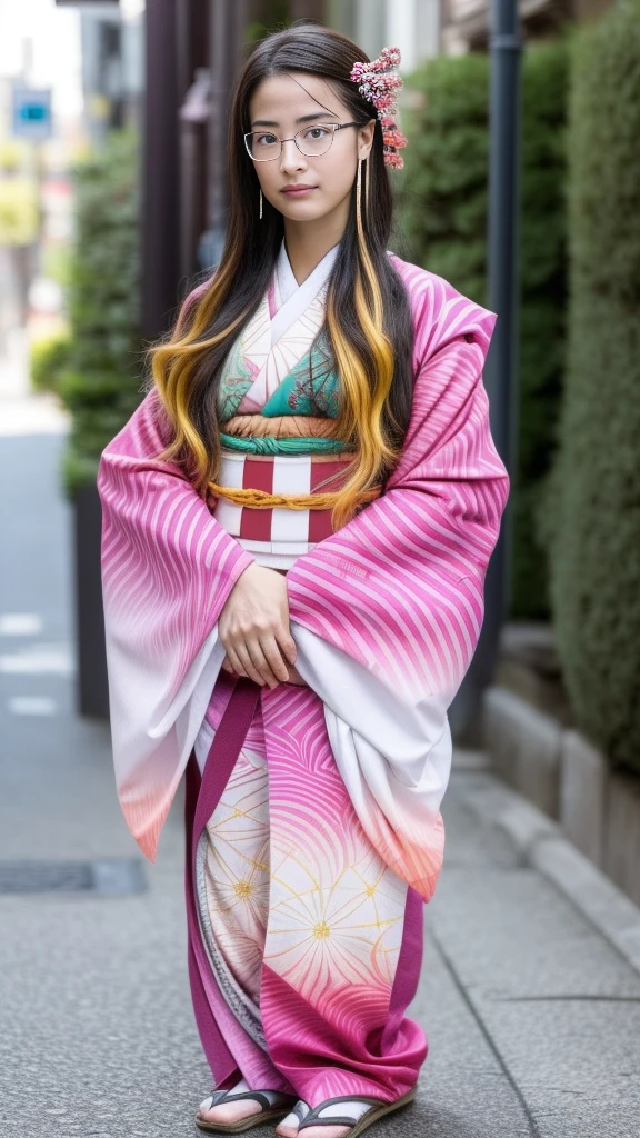Cute Japanese woman, (16 years old), (very cute face), white moisturized skin, looking at the camera, melancholy expression, (glasses: 1.4),
BREAK,
Idol,
BREAK,
(wearing cute kimono: 1.3), (kimono with high exposure), very large earrings, short length,
BREAK,
(long hair), (pink hair: 1.4), (wavy hair), (gradient hair: 1.3), (hair with red ends),
BREAK,
(realistic: 1.3), masterpiece, perfect lighting, (ultra-high resolution), (8K), (highly detailed: 1.4), (from the front), (full body: 1.4), (symmetrical: 1.2), (one shot),
BREAK,
(Shibuya city in Japan: 1.2),
BREAK,
(Demon Slayer: 1.4),
BREAK,
(Hirose Suzu: 1.4),