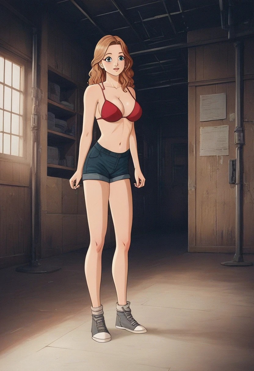 ((Masterpiece)), ((best quality)), very detailed, Detailed background, 1 woman, wavy brown hair, conjunctivitis, sly face , smile , tank top, pink bikini , abdomen, big breasts , Long legs , stand on your hips , abandoned factory, at night