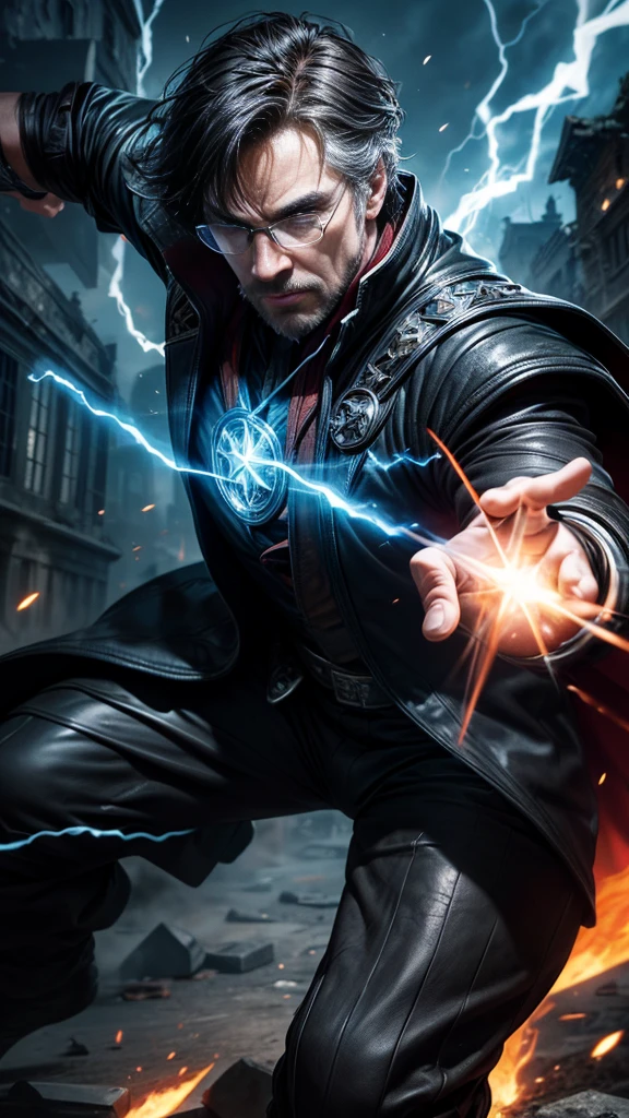 (masterpiece, Best image quality),One Man, A hero wearing a black leather suit, (Dynamic pose | Element Surround:1.2), Low angle view, Very detailed, Ruins of the battle, intense, Outdoor, Doctor Strange, wise, Wizard, Wear glasses