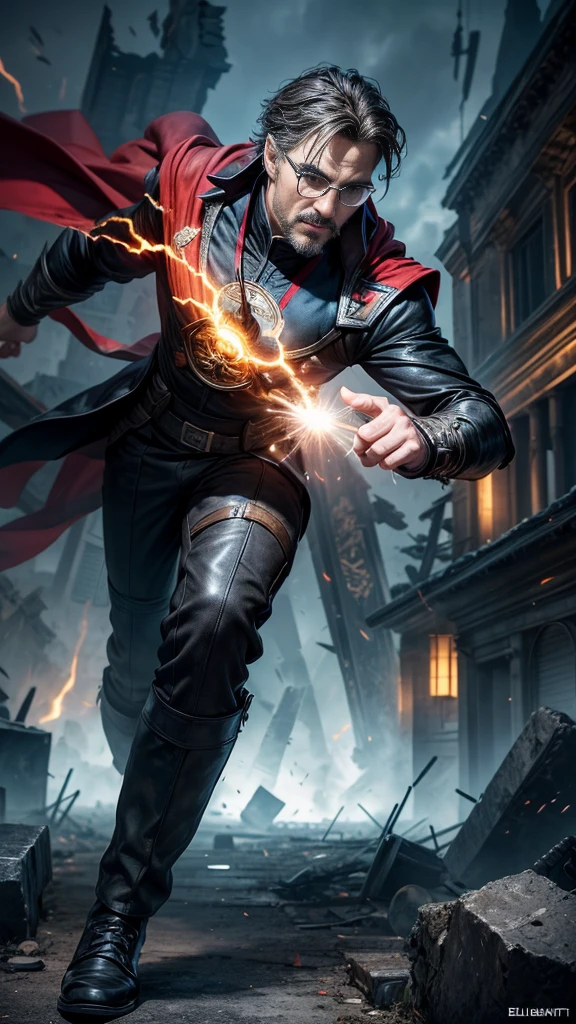 (masterpiece, Best image quality),One Man, A hero wearing a black leather suit, (Dynamic pose | Element Surround:1.2), Low angle view, Very detailed, Ruins of the battle, intense, Outdoor, Doctor Strange, wise, Wizard, Wear glasses