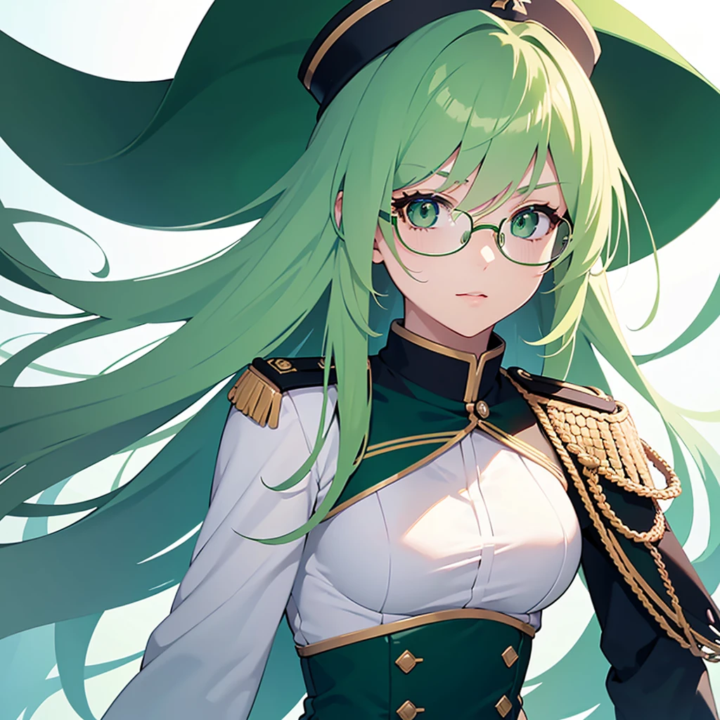 high resolution, best quality, Gradient hair, green hair, white hair, big breasts, Green eyes looked up., Frameless glasses, digital art, long hair, Solo, 1 woman, blue military uniform