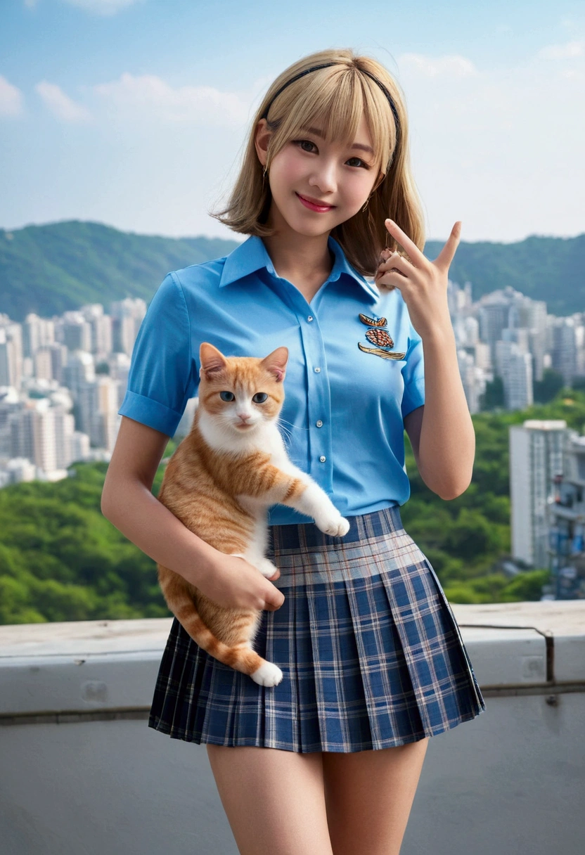 UHigh resolution, retina, masterpiece, Accurate, Anatomically correct, Textured skin, Super Detail, Attention to detail, high quality, Awards, 最high quality, High resolution, 1080P, High resolution, 4K, 8k, 16K,(masterpiece:1.3, 最high quality, 超High resolution, Very detailed), (Realistic:1.1, photoRealistic:1.4), Beautiful illustrations, Perfect lighting, colorful, Written boundary depth, Beautiful detailsまでこだわった髪, 美しくAttention to detail顔, Beautiful details, Beautiful clavicle, Beautiful body, Beautiful breasts, Beautiful thighs, Beautiful legs, Beautiful fingers, View your audience, 1 girl, Japanese, high school girl, Perfect Face, (Perfect Anatomy, Anatomically correct), Cute and symmetrical face, Baby Face, Sunburn, Glowing Skin, (Mid-length hair:1.5, Twin tails:1.2, blonde), Asymmetrical bangs, blue eyes, Long eyelashes, (Mid-chest), thin, ((Collared short-sleeved shirt, Light blue shirt, , Grey plaid pleated skirt, To the Navy)), No pants, (Beautiful views), evening, (Outdoor, distant cityscape), Are standing, (peace sign), (Cute Smile, 鬠红、Upward glance, Open your mouth), (Open Girl'Cat:1.3), hour々squat:1.2,Put your finger in your pussy:1.1,((Beautiful girl holding a puppy)),((Very few, Young face and breasts)),(Cleavage:1),(Very small and flat chest:1.4),