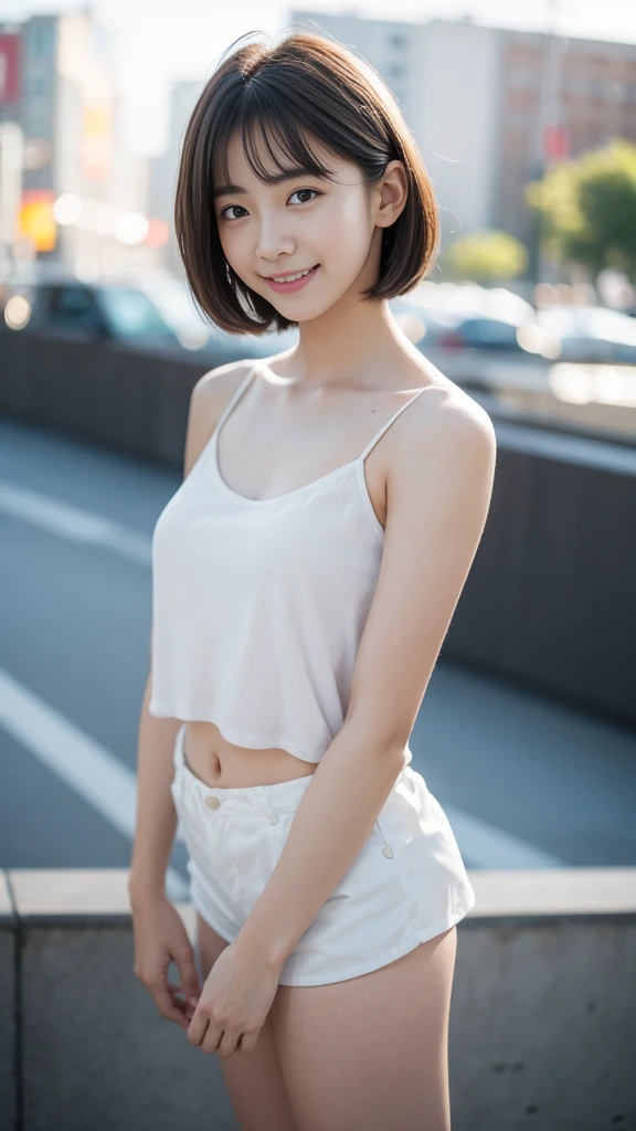 最high quality, table top, high resolution,18 years old wearing white camisole, 1 girl,very beautiful face,(very beautiful face의 초고화질 이미지)(White camisole),realistic, New York's Night View、blurred background、,full body image,(high definition skin:1.2),Looking at the camera with a smile on his face,full body image 8K UHD, digital single-lens reflex camera, In the soft, bright sunlight,high quality, volume lighting, candid, picture, high resolution,full body image,4K、Japanese university students、a sloppy smile、stand up straight、((((상반신 picture)))),One,Short hair style、camisole