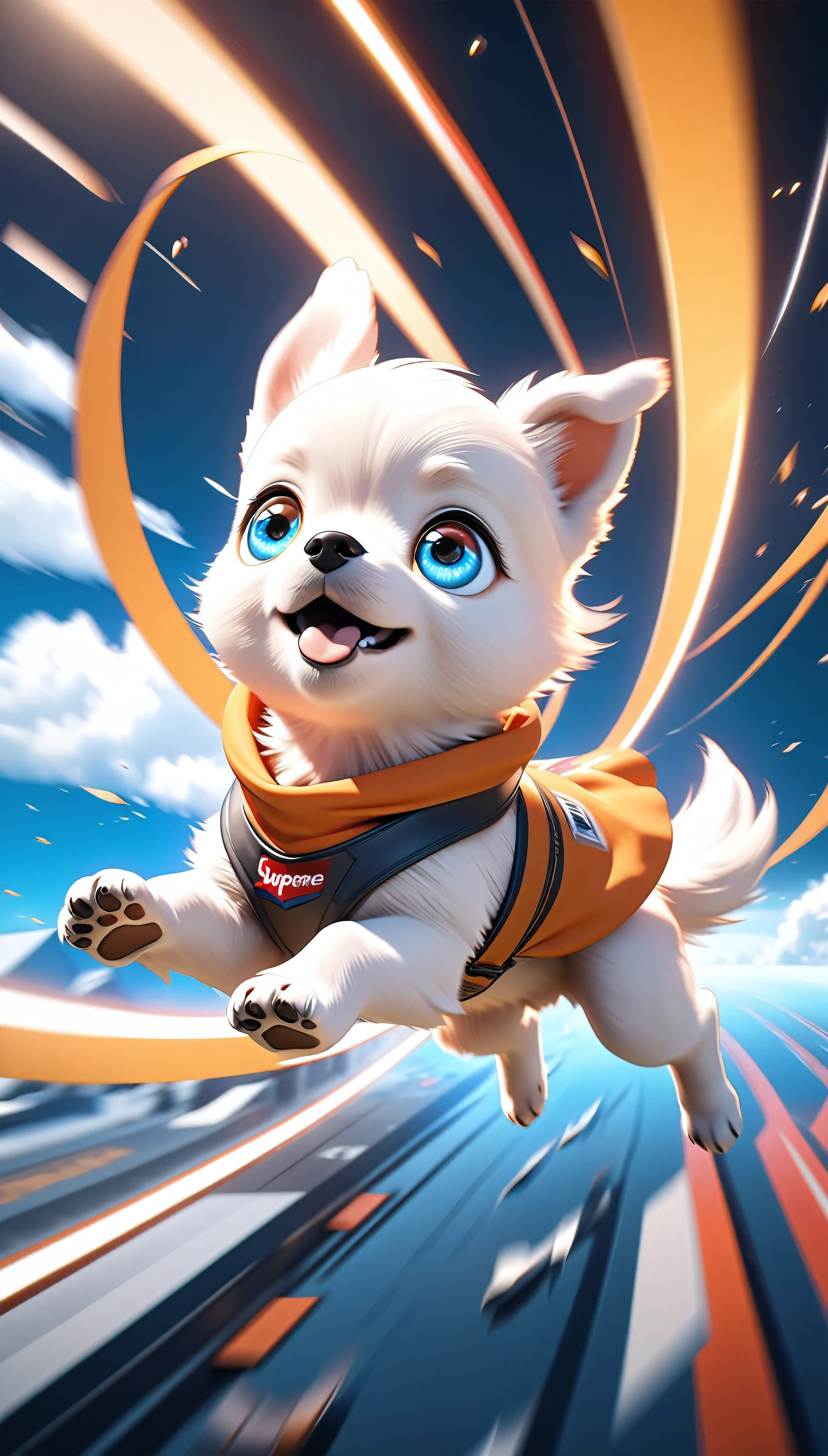 a flying puppy, extremely detailed and charming, soaring puppy, dancing in the air, crazy, dynamic dancing motion, rapidly falling through the air, funky eyes, fighter jet-like agility, perfect 3D CGI rendering, enhanced dynamism with motion blur, masterpiece with supreme aesthetics, super retina