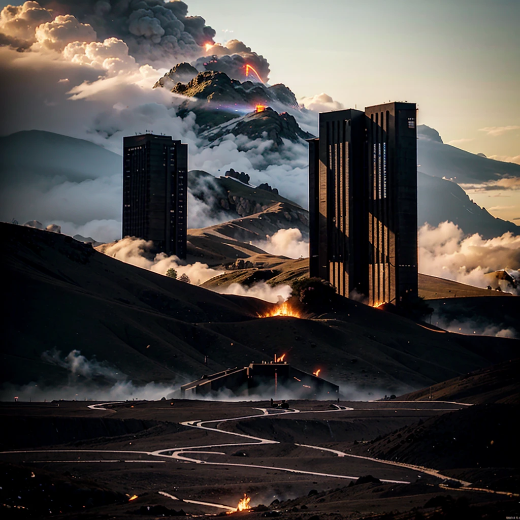 Papa francisco,front head,usando um U.s. army suite with an HK 47, e granada, destroyed buildings devastated city, Drone Atack, lighting strikes in The sky, night,aurora boreal