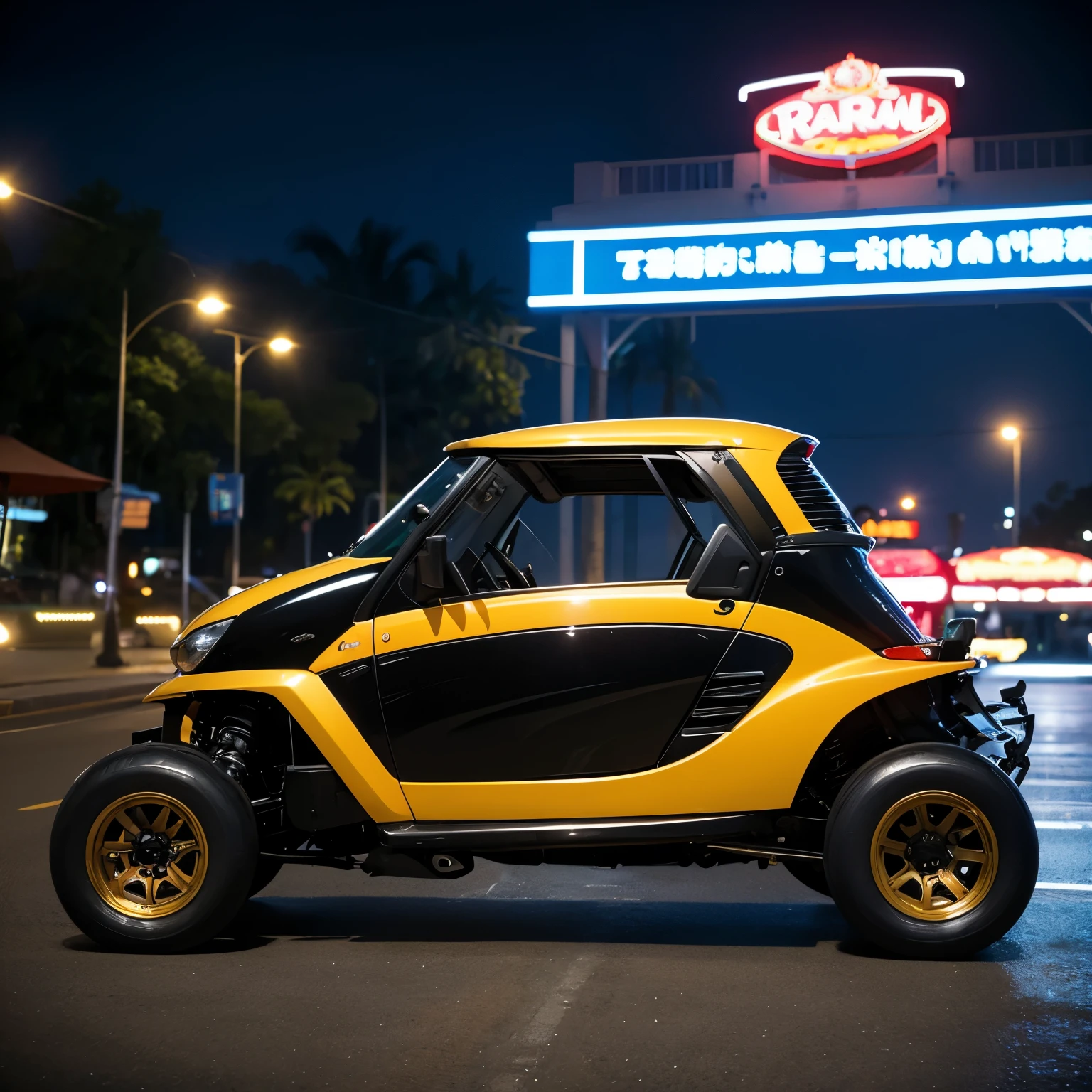 Surreal close-up image of the most modern 250cc tuk tuk supercar in Thailand, surreal details down to every detail of supercar parts such as chassis, wheels, 4 seats, lights, radar and related details, absolutely fully equipped, super sharp super tuktuk with lights on both sides, parked in front of Pattaya amusement park at night, peaceful, fresh, surreal scene, Meticulous to every detail, vivid to every detail, a true masterpiece, a legacy of humanity