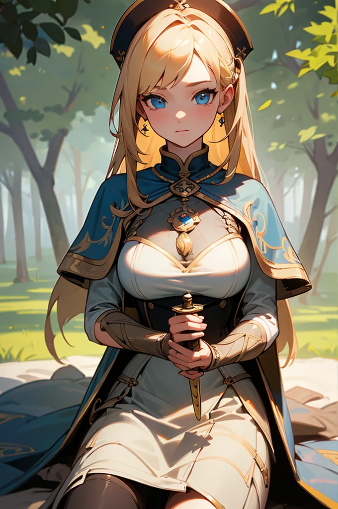 Best quality, masterpiece, big , (large breasts), detailed skin texture, detailed cloth texture, detailed face, super detail, 8k, intricate detail, 1girl, detail eyes,, in comportable warrior clotes, had blond hair, hero, with long sword, sitting in tree, blue eyes, asilver sword, bangs